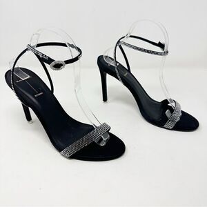 Y2K sexy club Vegas chic Black Suede Studio Rhinestone Crystal Sandal Wrap Heel